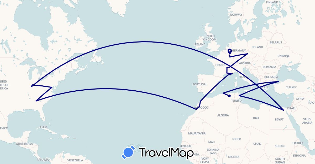 TravelMap itinerary: driving in Czech Republic, Algeria, Egypt, France, Luxembourg, Morocco, Tunisia, Turkey, United States (Africa, Asia, Europe, North America)